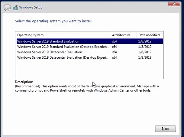 select version of windows server 2019